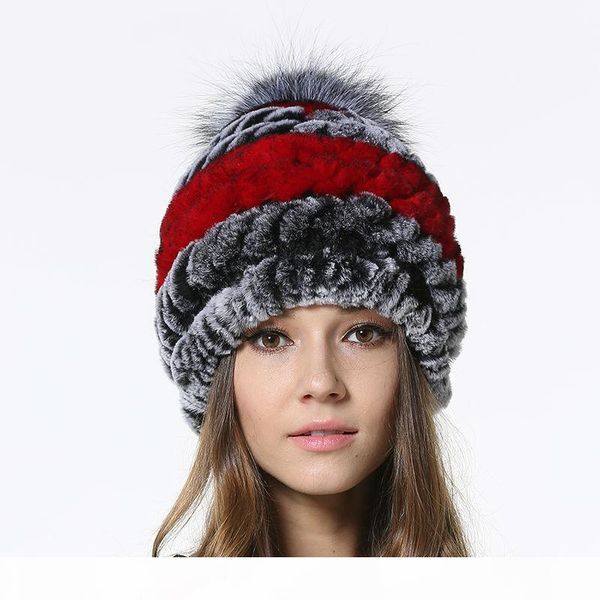 

2017 new knitted fur caps for female fur with silver ball hats womens winter real beanies lx00951, Blue;gray