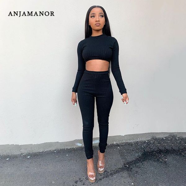 

anjamanor ribbed knit long sleeve 2 piece pants set 2020 fall clothes for women plus size two piece outfits d13-da35, Gray