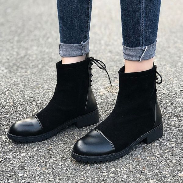 

2020 new autumn winter british style women boots shallow anti-skid botas mujer fashion short tube thick heel leather boots, Black