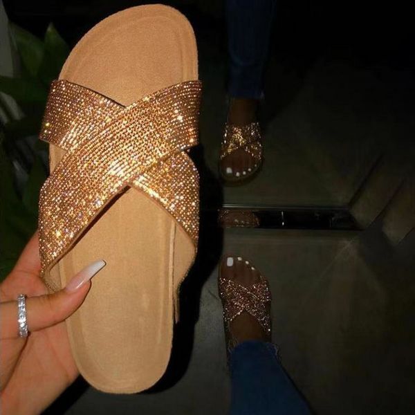 

oeak female rhinestone solid color slippers 2020 new women fashion beach vacation shoes flat with comfort outdoor wild slipper, Black