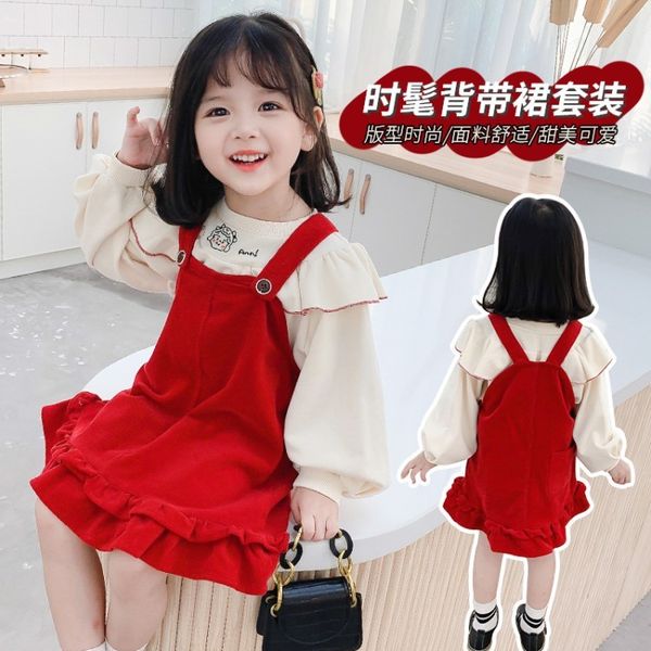 

kids designer clothes girls2020 spring and autumn new korean style big lapel doll face strap skirt set girls red strap skirt