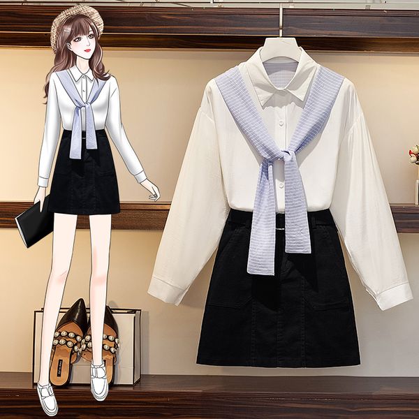 

2020 autumn cape long sleeved blouse shirt mini bodycon jeans skirt women's two piece casual suit dress, Gray