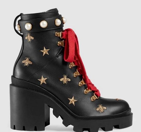 

designer ladies embroidered leather lace ankle boots with sylvie web designer shoes genuine leather diamond-studded lady boots, Black