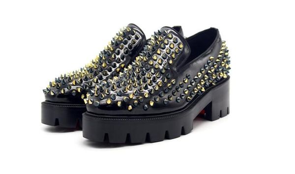 

high handmade platform shoes black loafers men shoes rivet genuine leather slip on formal wedding party for men