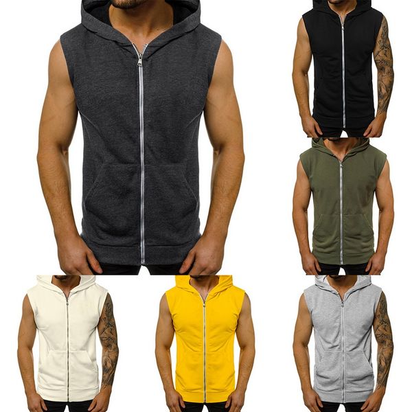 

men' tank mens casual sleeveless comfortable vest sport hoodie zip up shirt man bodybuilding stringers workout singlet top, White;black