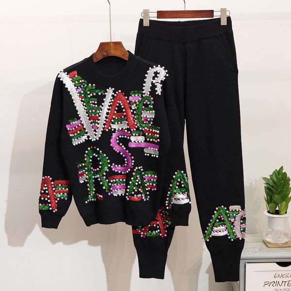 

set female 2020 autumn winter beading sequins letter long sleeve knitted sweater long pants tracksuit female loose two piece set, Gray