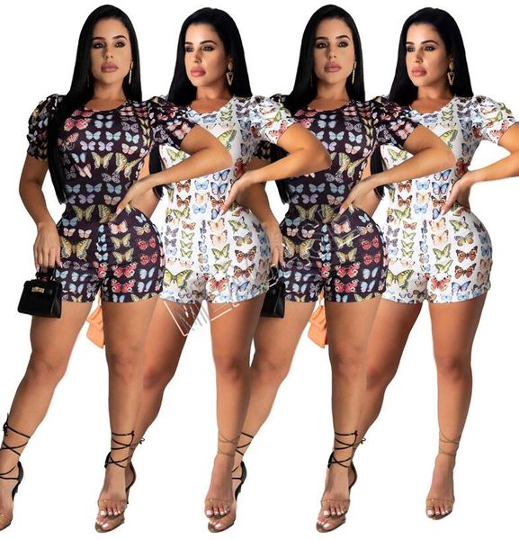 

women jumpsuits rompers bubble sleeve tight shorts playsuit butterfly print bodycon onesies pants bar club party female overalls d81307, White
