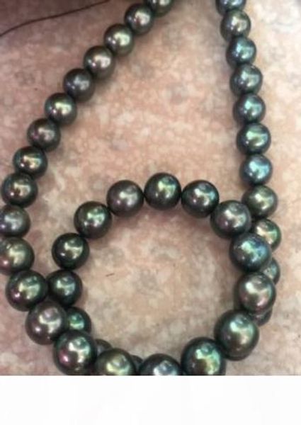 

aaa9-10mm round tahitian black green pearl necklace 18inch 14k, Silver