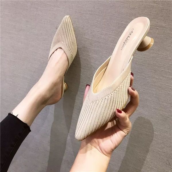 

sandals women's 2020 summer new knitted thick-heeled women's sandals tow net red mules outer wear pointed toe high heels, Black