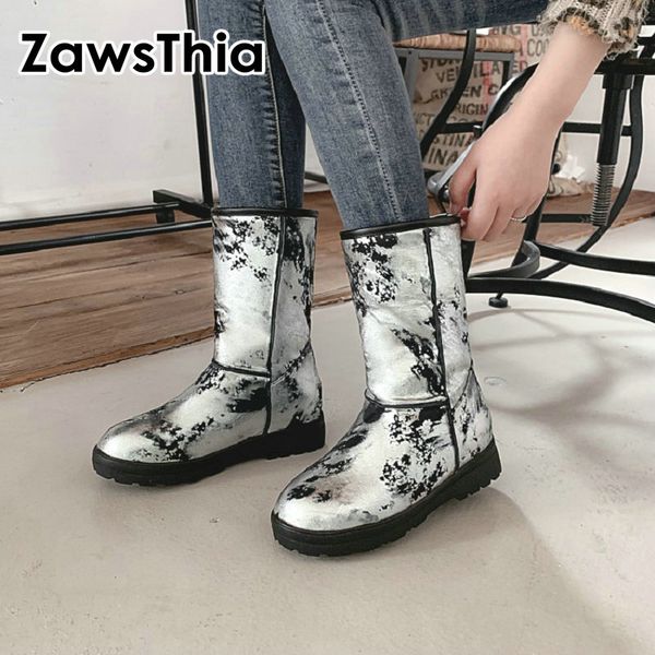 

zawsthia 2020 зима крайность теплые толстые плюшевые внутри женщины середины икры сапоги круглый носок плоские ботинки женщин bling снега са, Black