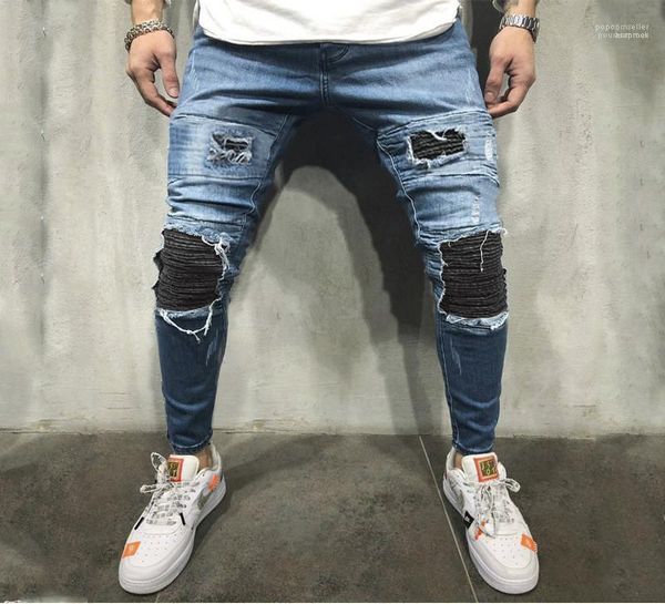 

skinny old school high fashion regular jeans designer knee holes mens jeans distrressed pencil pants casual, Blue