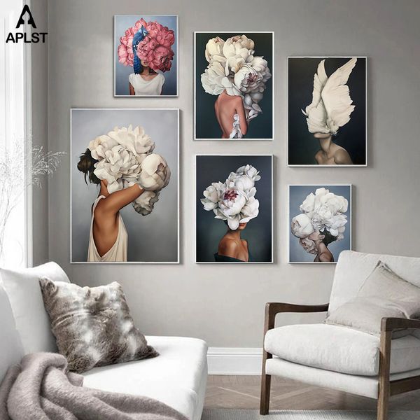 

nude naked women feather posters and prints nordic figure canvas painting girls wall art flower pictures for living room bedroom