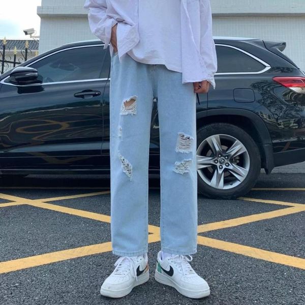 

men's jeans bxyichen ripped ankle straight loose regular style korean fashion trendy brand wide leg light blue long pants