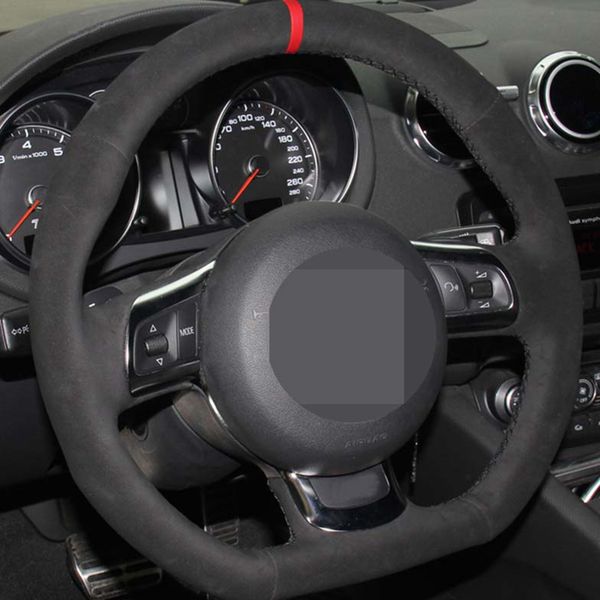 

dkceis diy hand-stitched comfortable wear-resistant black soft suede leather car steering wheel cover for audi tt 2008-2013