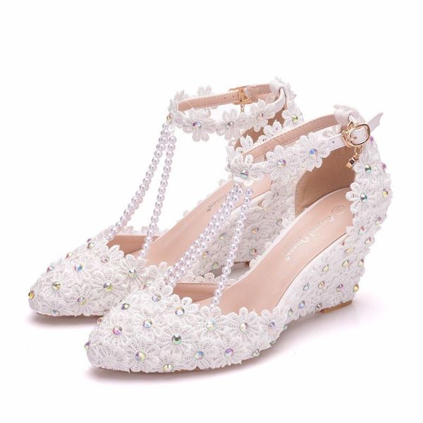 

women sandals wedding party lace pu rhinestones buckle strap 7.5cm wedges high heel pointed toe sandal women shoes size 35-42, Black