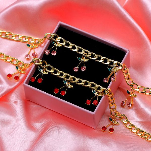

quality korean cute cherry crystal pendant necklaces for women gold silver color metal thick chain necklace fashion jewelry