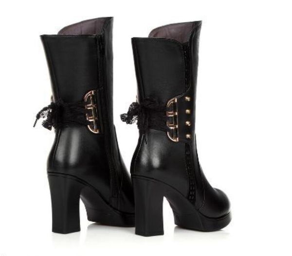 

winter woollen women's boots middle boot high heel thick heel leather boots middle aged cotton boot lady cotton shoes mother plus velve, Black