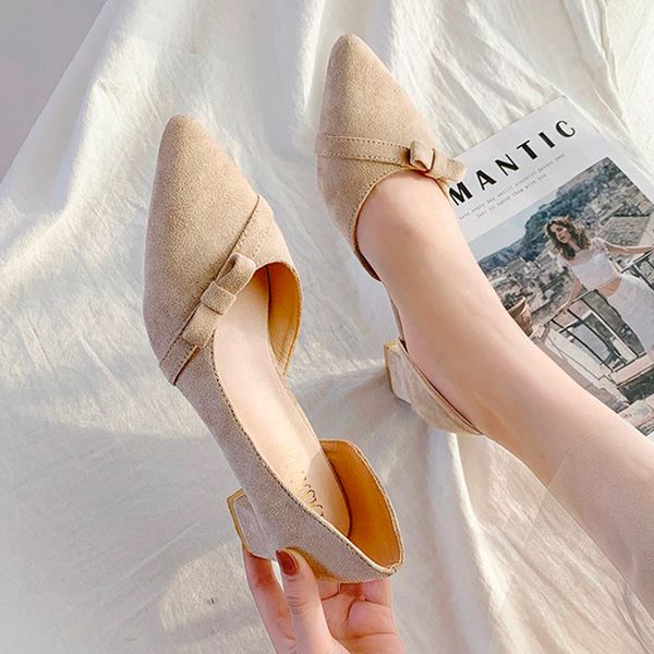 

dress shoes mature office chunky med high heels women sandals side space zapatos mujer pointed toe butterflyknot flock woman pumps2021, Black