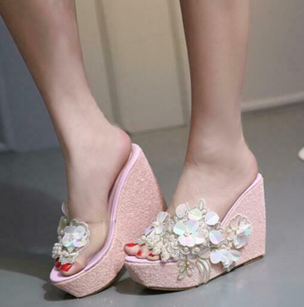 

women open toe platform sequins floral pearl lace slippers wedge high heel shoes, Black