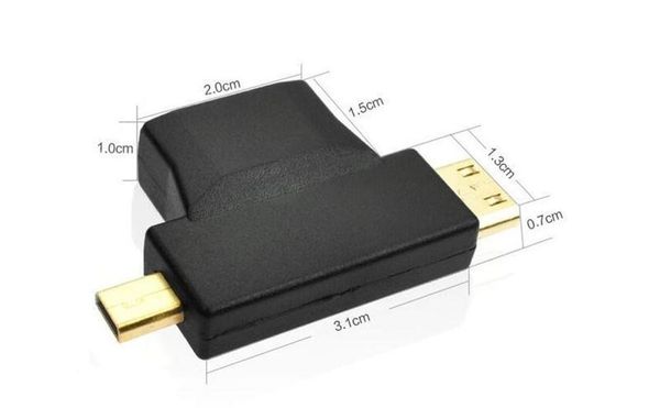 

200pcs /lot 2016 new 3 in 1 hdmi female to mini hdmi male micro hdmi male adapter metal/plastic connector black