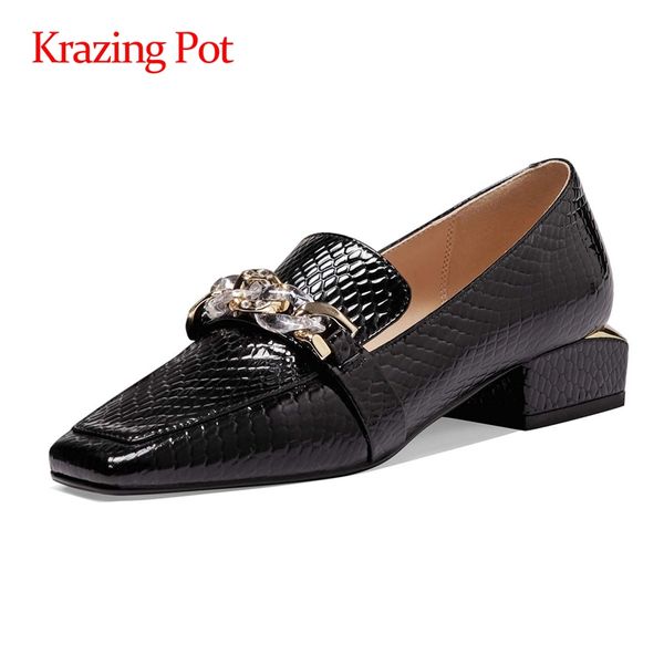 

krazing pot big size leisure genuine leather chain decoration square toe thick med heel slip on european design women pumps l3f4, Black