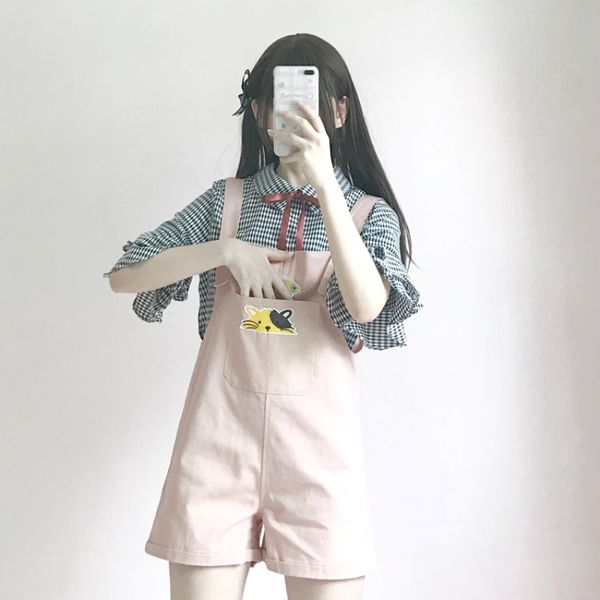 

women's jumpsuits & rompers harajuku fashion cute cat fish embroidery girls playsuits casual loose chic pocket student ruffled lace-up, Black;white