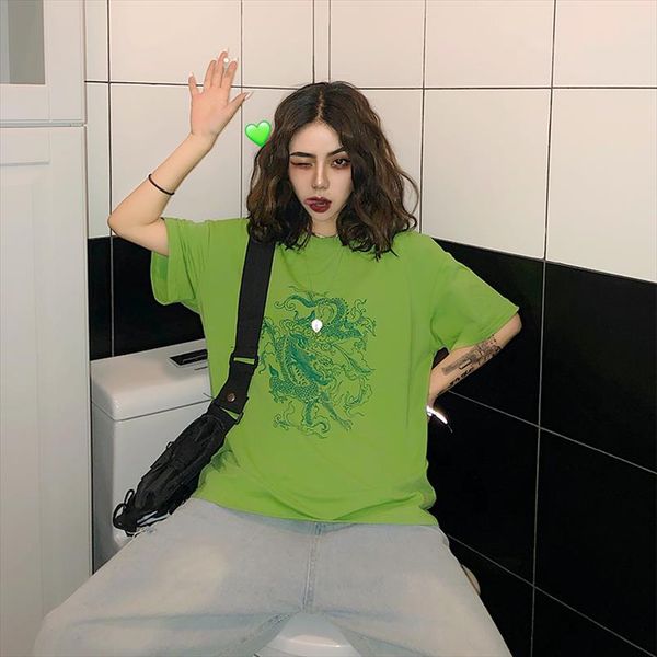 

harajuku vintage fun dragon women t shirt short sleeve tees ulzzang dropshipping clothes vegan cotton gothic mesh punk shirt, White