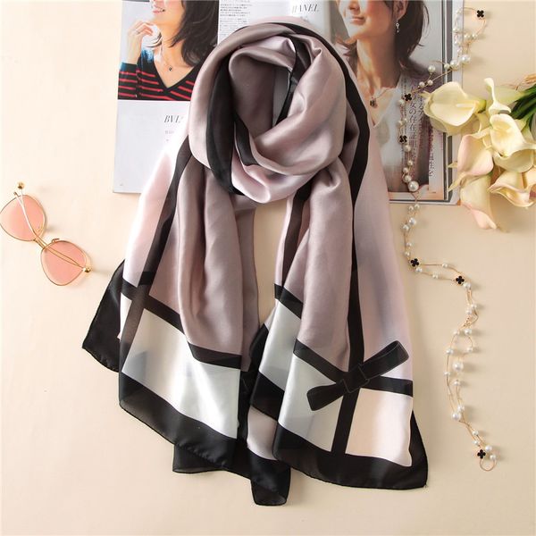 

2020 classic women silk scarf female scarves ladies soft beach wrap chiffon shawl bow printed sunscreen bandanna foulard muffler, Blue;gray