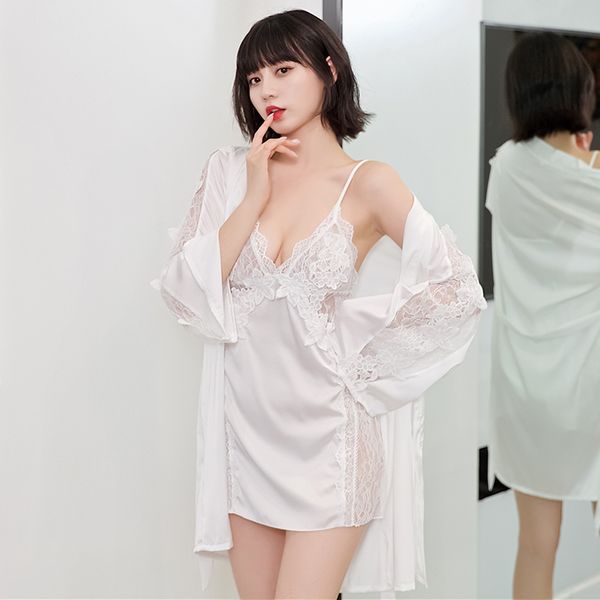 

lace hollow out nighty&robe set kimono bath gown women summer suspender nightgown suit 2pcs sleepwear casual satin homewear, Black;red