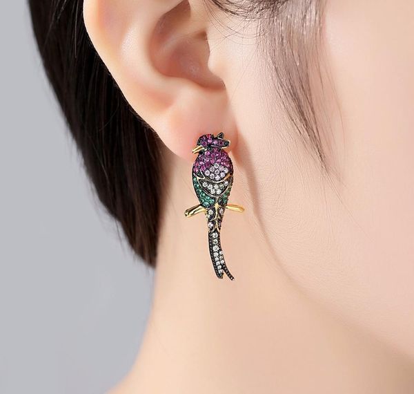 

wholesale luxury gold color multi cubic zirconia paved vivid parrot bird fashion stud earrings for women bijoux jewellery002, Golden;silver