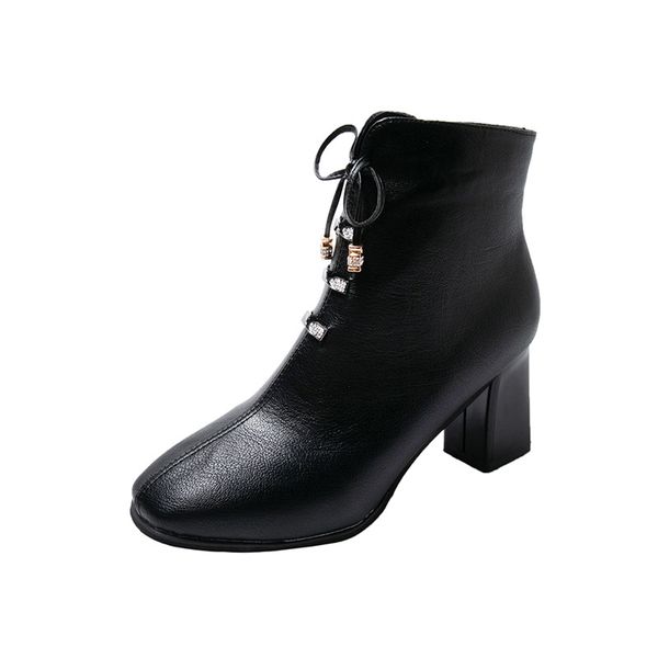 

2020 winter leather boots women's shoes plus velvet to keep warm for women side zipper high heel snow boots cotton, Black