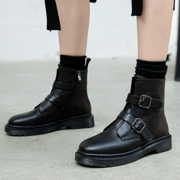 

genuine leather buckle motorcycle boots boots women round toe square heel ankle woman zipper short 2020 new, Black