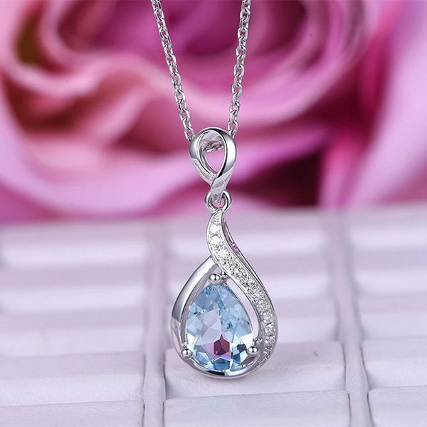 

trendy drops of water sky blue crystal zircon necklace pendant with chain for lady women's & girl jewelry 925 sterling silver lover gif