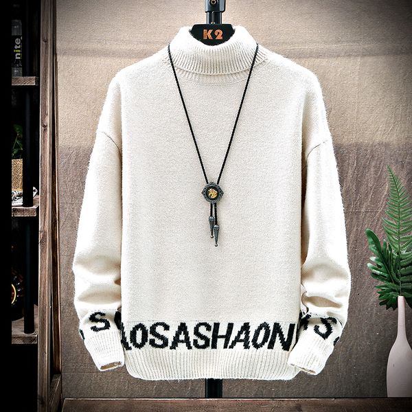

men's sweaters 2021 turtleneck brand knitted cashmere winter pullover men printed casual male sweater thick warm knitwear, White;black