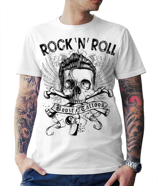 

100% хлопок для man рубашки rock n roll пьянка татуировки футболка herren череп байкер rockabilly печать футболках