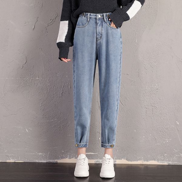 

plus velvet jeans women's autumn and winter 2020 new loose high waist straight straight wide leg daddy pants were thin winter we, Blue