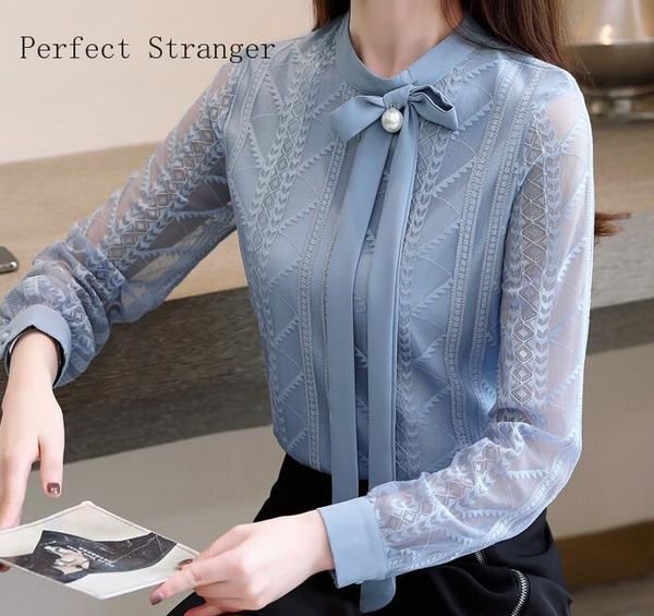 

2020 autumn new arrival fashion bowknot stand collar lace long sleeve woman chiffon blouse, White