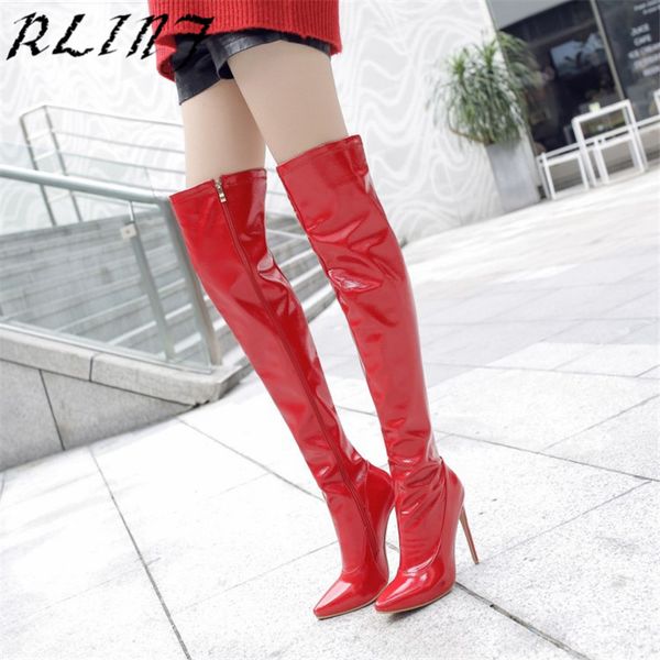 

rlinf boots children's autumn and winter new patent leather over the knee boots high-heeled pointed slim size 33-48, Black