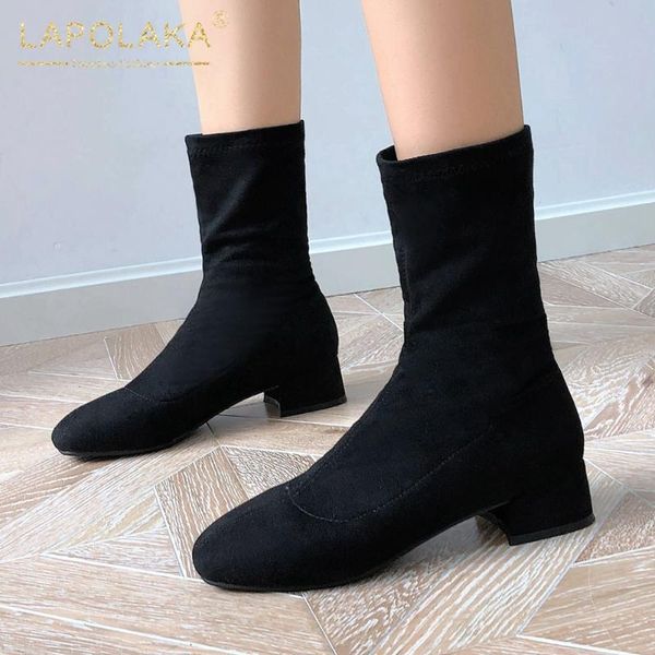 

lapolaka 2020 new fashion thick heels mid calf boots women shoes female boots slip on spring autumn fashion stretch ladies, Black