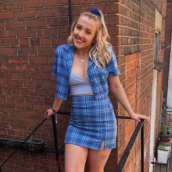 

90s vintage plaid shirt skirt two piece set women ins bm fashion harajuku cropped blazer skirt set casual street 2 piece sets, Gray