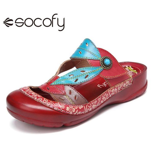 

socofy womens leather shoes beaded floral hook loop hollow out mules flat sandals casual outdoor mules shoes 2020, Black