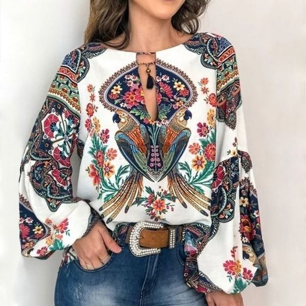 

LAAMEI S-5XL Women Bohemian Clothing Plus Size Blouse Shirt Vintage Floral Print Tops Blouses Casual Blusa Feminina Plus Size