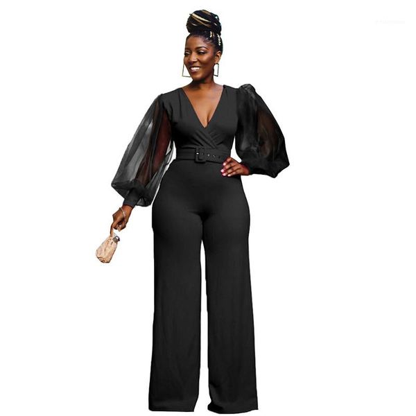 

mesh panelled lantern sleeve jumpsuits casual v-neck natural color full length jumpsuits women clothes women jumpsuits fashion, Black;white