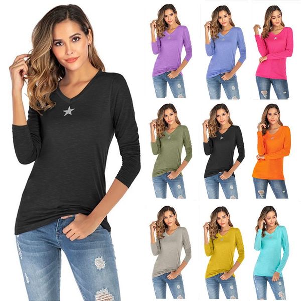 

women star v neck tshirt autumn long sleeve solid tees ladies knit loose casual top, White