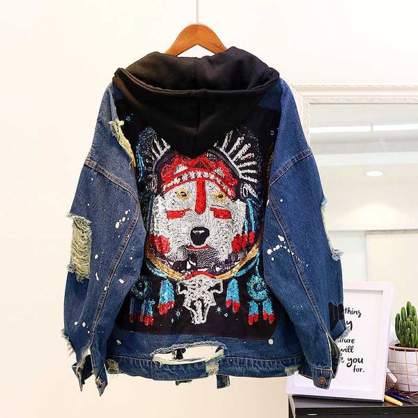 

women's jackets 2021 autumn denim jacket hooded sequins jean casual loose female overcoat holes girl outerwear p566, Black;brown