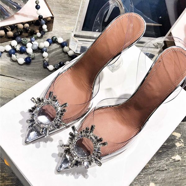 

women sandals crystal stiletto high transparent pointed summer internet celebrity rhinestone fairy style 2020 new thin heels, Black