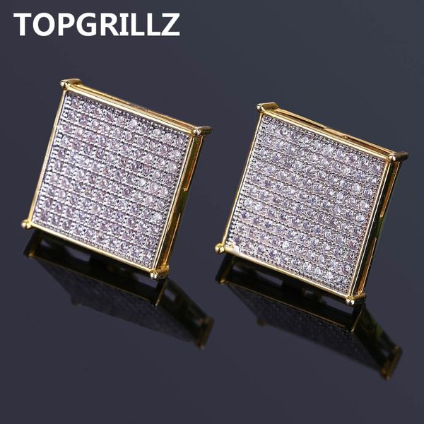 

rillz hip hop men's bling jewelry earring gold color iced out micro pave cubic zircon lab d stud earrings with screw back 210202, Golden;silver