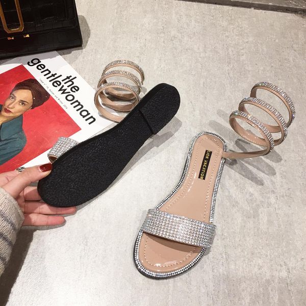 

online celebrity ins flat peep-toe gladiator sandals 2020 new style flat heel after serpentine winding sandals women's summer, Black