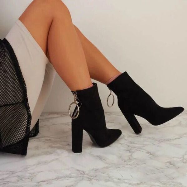 

white mid-calf boots zipper booties woman 2020 high heels pointe shoes low stiletto pointy large size mid calf rubber solid basi, Black