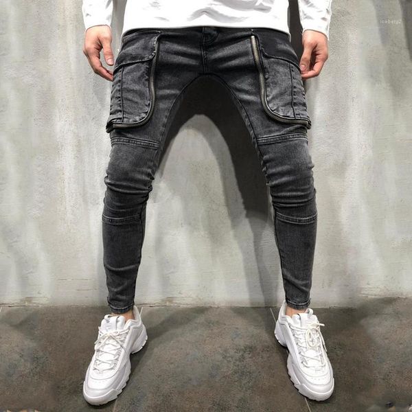 

designer jeans fashion big pockets panelled zipper fly mens designer jeans casual males clothing hole panelled mens, Blue